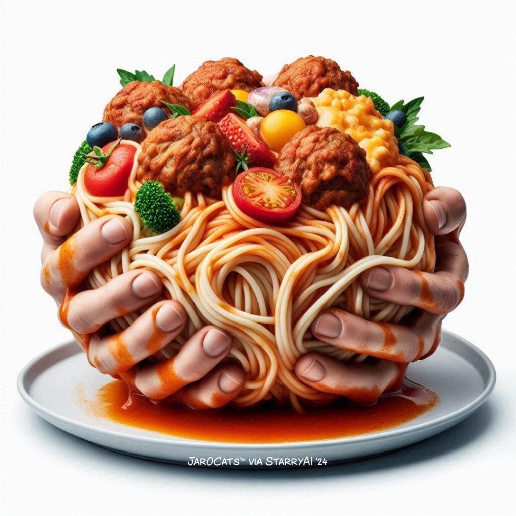 Horrific AI image of disembodied, malformed hands grasping clump of spaghetti and meatballs; jarocats.com